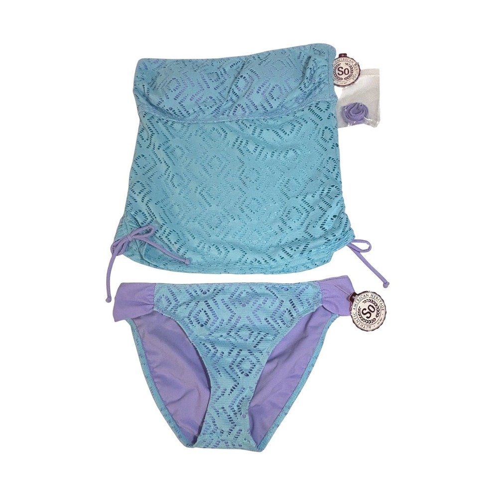SO Crochet Bandeau Tankini Swimsuit Set Blue Purple Size L‎ NWT Removable Strap
